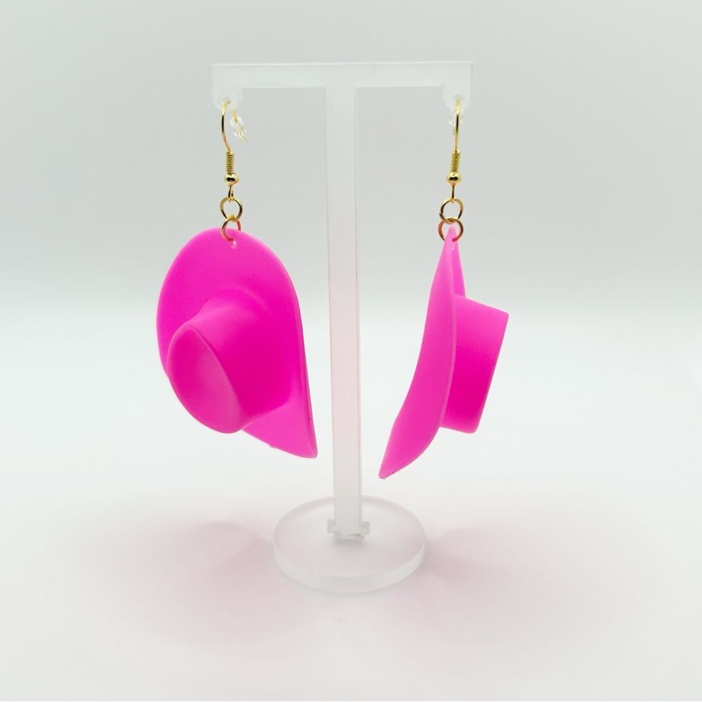 Novelty Earrings Pink Cowboy Hat Cowgirl Hat Gold Colored Ear-wires